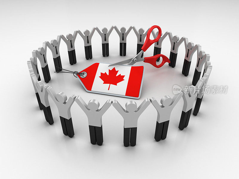 象形图团队与加拿大国旗价格标签和剪刀- 3D渲染